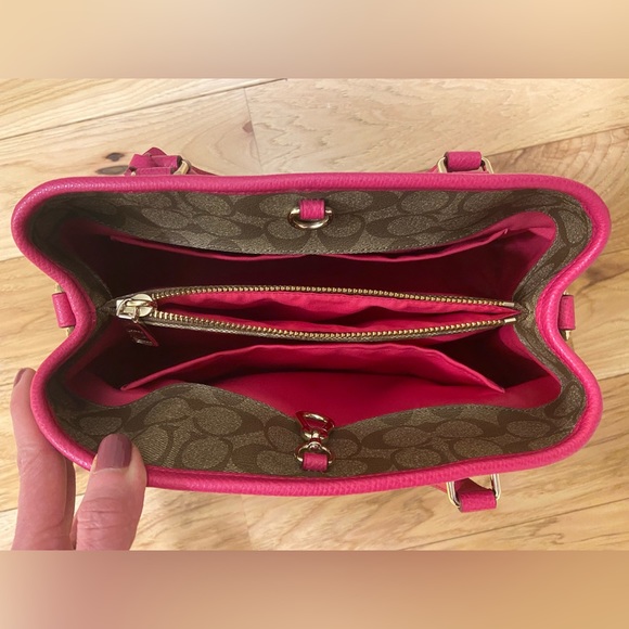 Coach Khaki Brown Hot Pink Signature Tote Bag Satchel Purse with Crossbody Strap - Picture 3 of 8